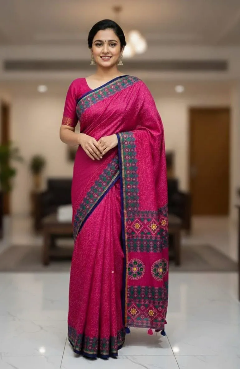 Screen Print Silk Saree with Tassels and Running Blouse Piece