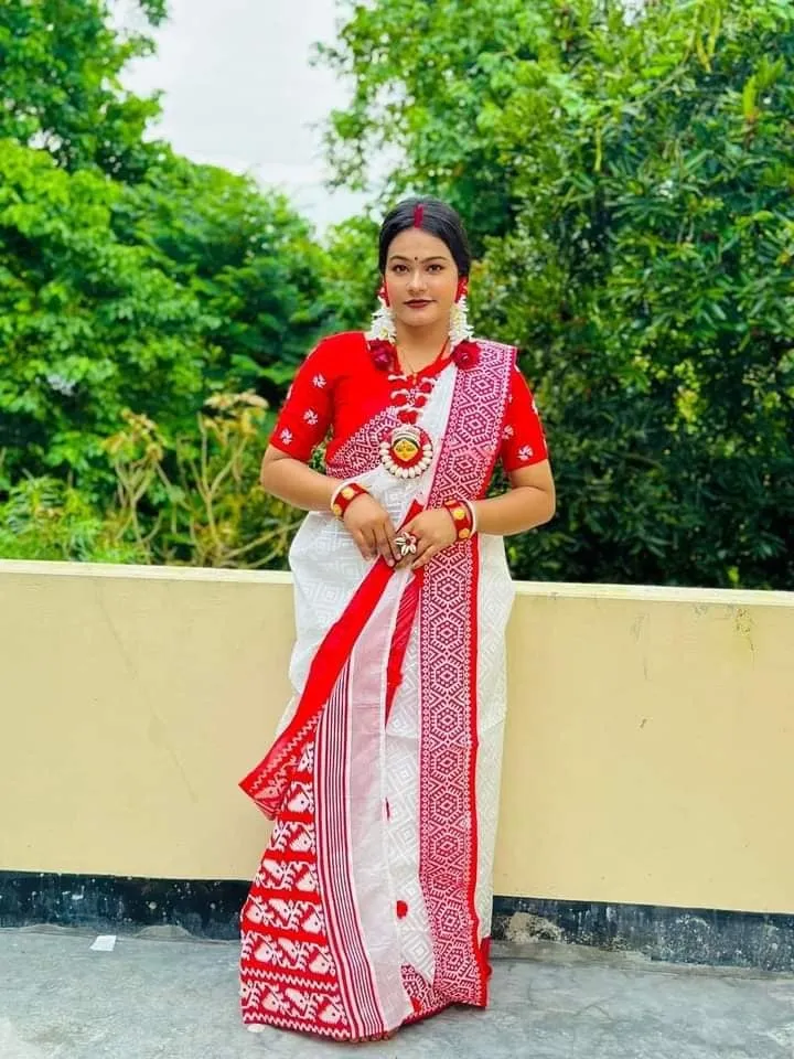 Pohela Boishakh Half Silk Saree with Red Border and Blouse Piece