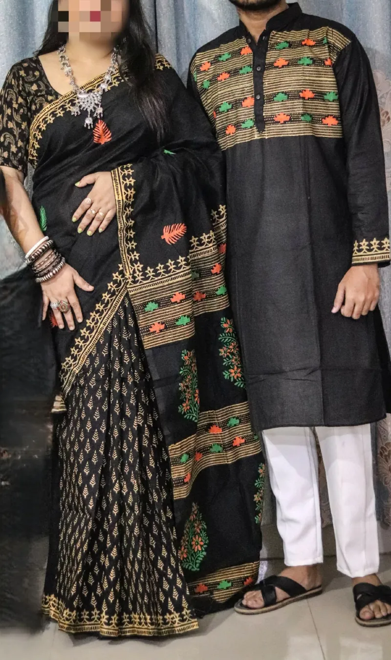 Block Print Dhupian Saree and Panjabi Couple Dress, 38 to 46