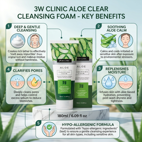 3W Clinic অ্যালো ক্লিয়ার ক্লেনজিং ফোম 180ml