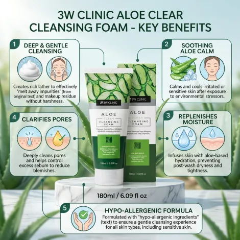 3W Clinic অ্যালো ক্লিয়ার ক্লেনজিং ফোম 180ml