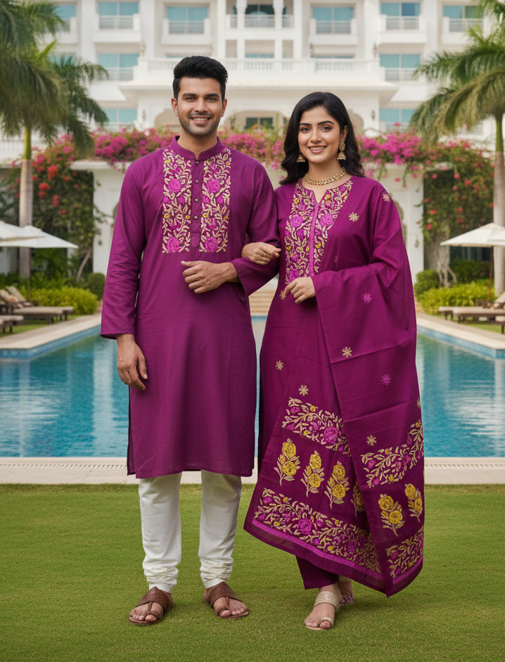Couple Full Sleeve Three Piece and Hand Print Silk Panjabi