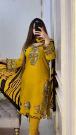 Linen Sequin Embroidery Three Piece with Cotton Orna, 38 to 44
