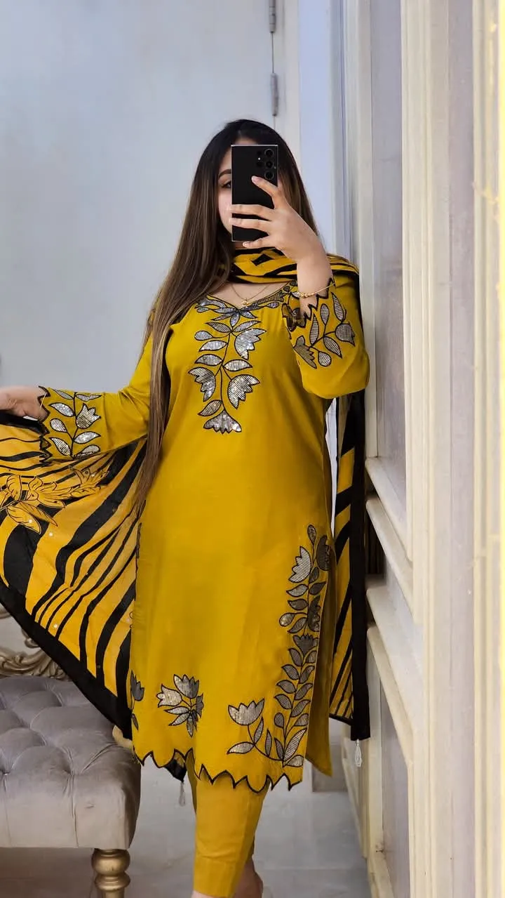 Linen Sequin Embroidery Three Piece with Cotton Orna, 38 to 44