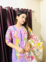 এমব্রয়ডারি ভয়েল থ্রি পিস, স্ক্রিন প্রিন্ট কটন ওড়না