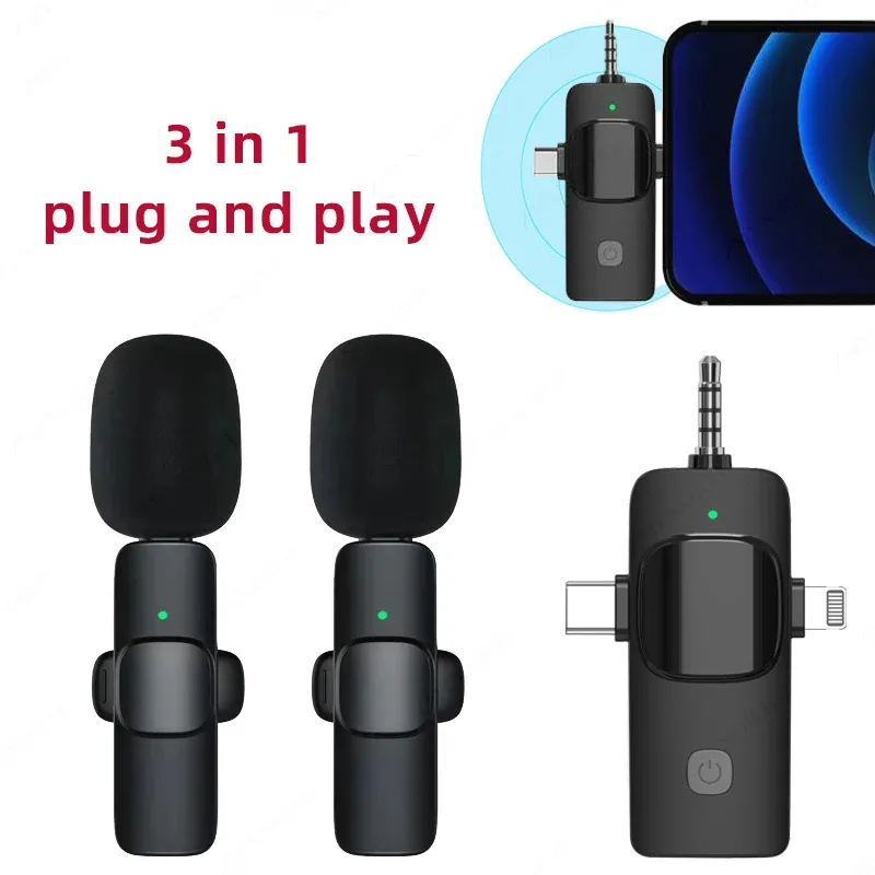 3-ইন-1 ওয়্যারলেস লেভেলিয়ার মাইক্রোফোন, iPhone, Type-C ও 3.5mm