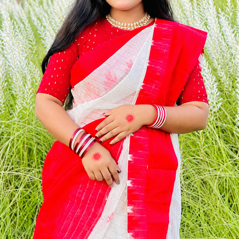 Traditional Red and White Cotton Handloom Saree (for Durga Puja)