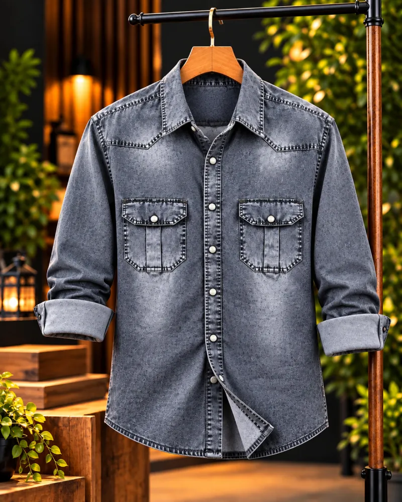 Men's Denim Shirt with Pocket and Snap Buttons, 220+ GSM