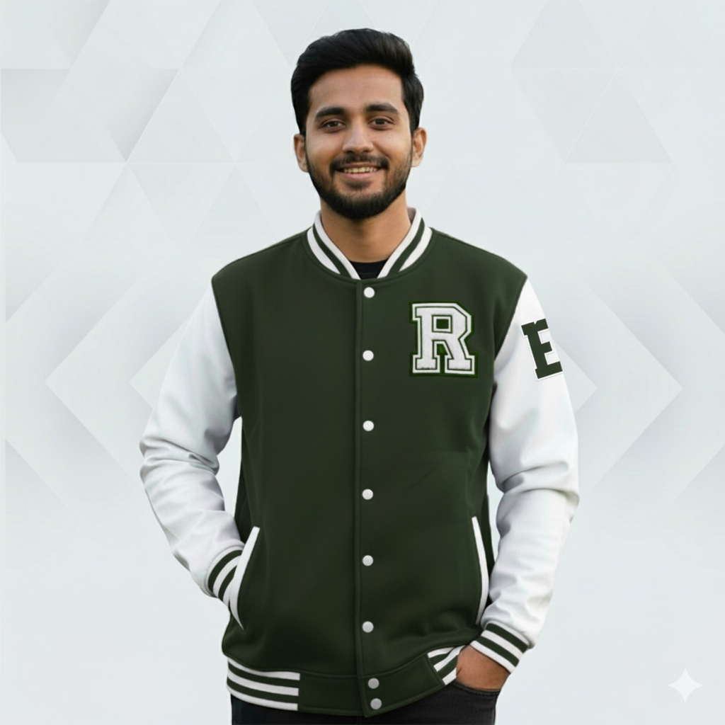 Men's Premium China Varsity Jacket ( Olive + White)