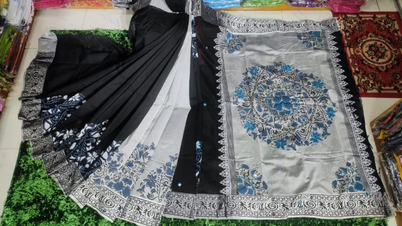 Block Print Dhupian Silk Saree with Embroidery, 13 Haath Long