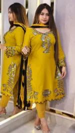 Linen Sequin Embroidery Three Piece with Cotton Orna, 38 to 44