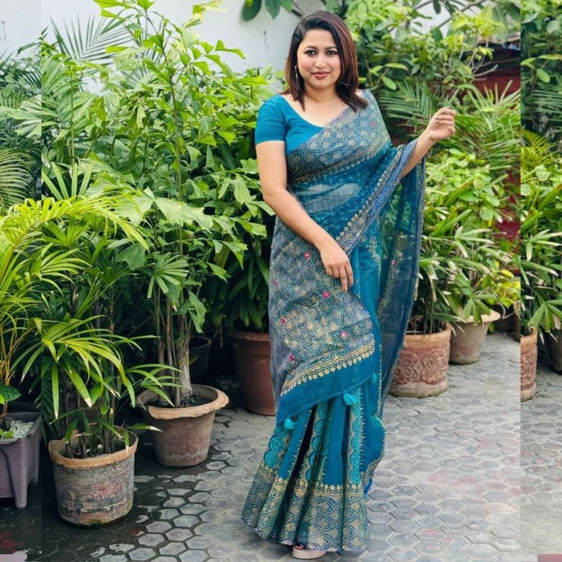 Semi Muslin Block Print Saree with Embroidery and Dollar Work
