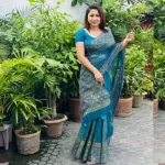 Semi Muslin Block Print Saree with Embroidery and Dollar Work