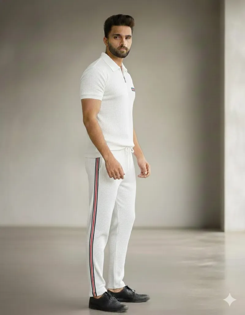 Men's Waffle Fabric T-Shirt and Trouser Set, 220 GSM, Sizes L and XL