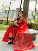 ব্লক প্রিন্ট সেমি মসলিন শাড়ি, কটন ভয়েল ব্লাউজ, 14 হাত