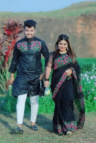 Block Print and Screen Print Saree Panjabi Set for Couples, 6 Colours