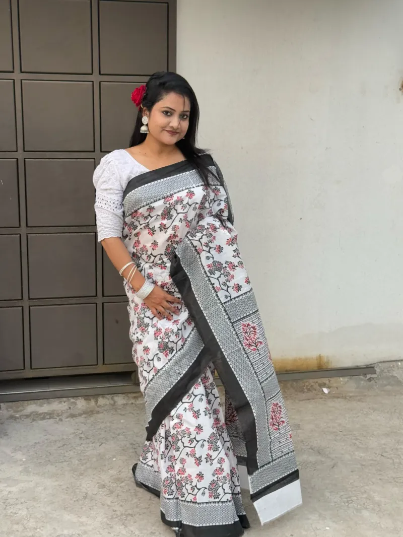 Half Silk Screen Print Saree, Saree Only, 4 Colours