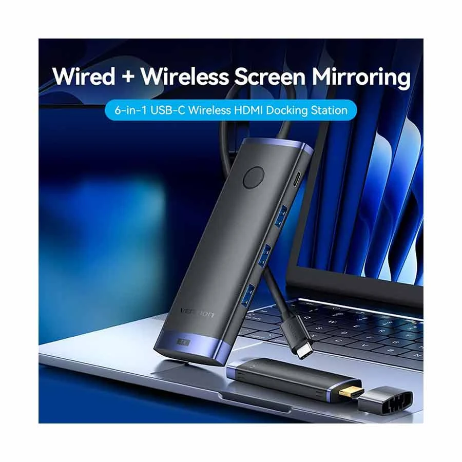 Vention TPVBB USB-C Hub with Wireless HDMI Receiver, Tri USB 3.0 & PD