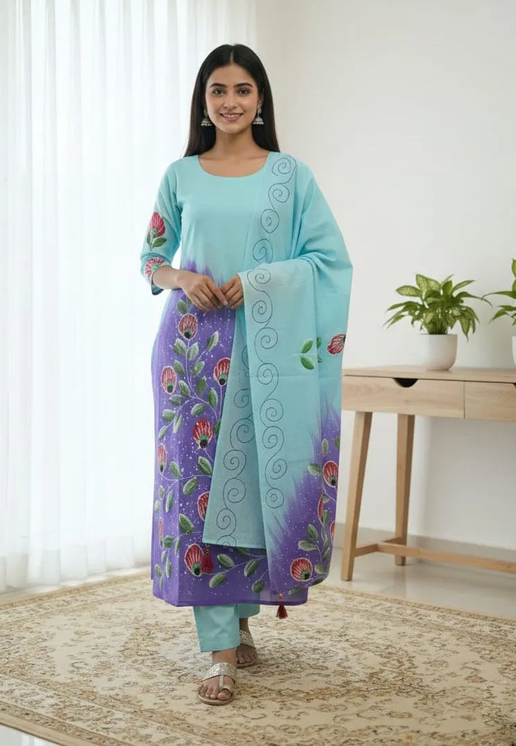 ব্লক ও হ্যান্ড প্রিন্ট আনস্টিচড থ্রি পিস, টাসেল ওড়না