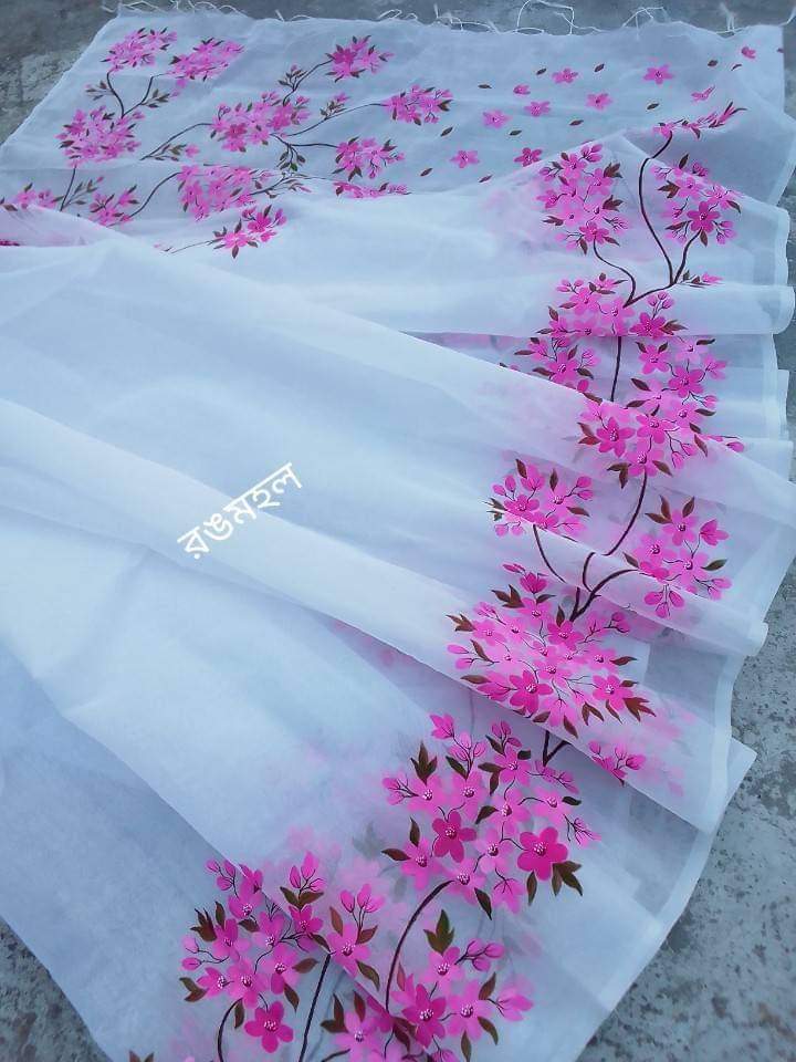Half Silk Saree with Hand Painted Work in 6 Colours, 12 Haath