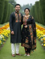 Matching Couple Set, Unstitched Voile Three Piece and Silk Panjabi