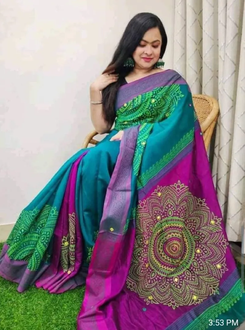 Embroidered Dhupian Silk Saree in Block Print, 13 Haath