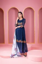 জর্জেট এমব্রয়ডারি পার্টি গাউন সেট, ফ্রি সাইজ 48 ইঞ্চি পর্যন্ত, 6 রং
