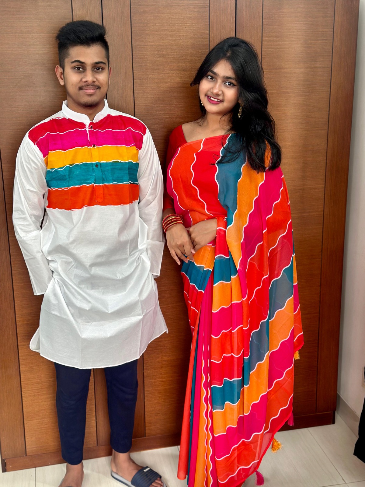 Georgette Saree and Dhupian Silk Panjabi Couple Set, Hand Print