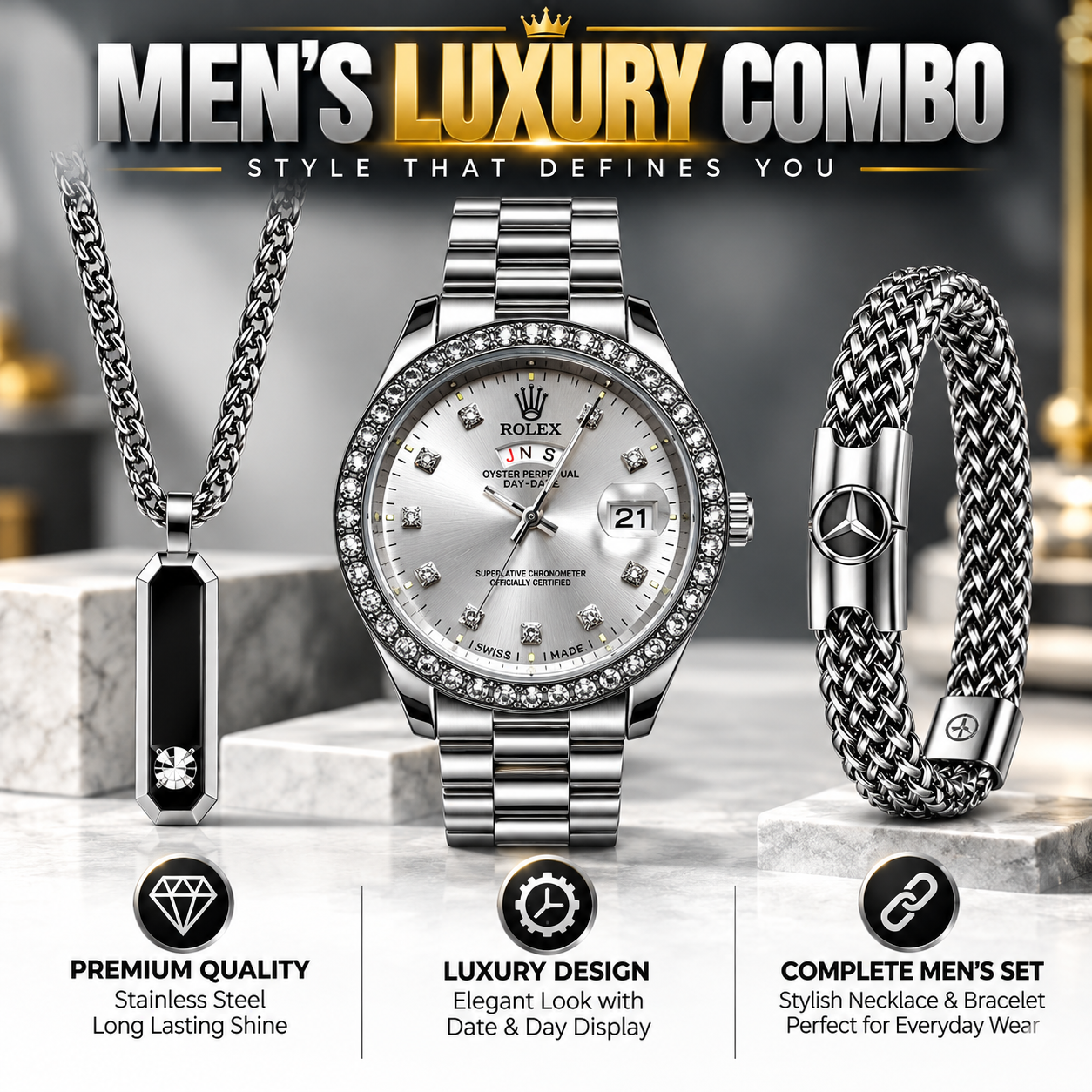Men's Luxury 3-in-1 Combo Set - Watch, Chain & Bracelet