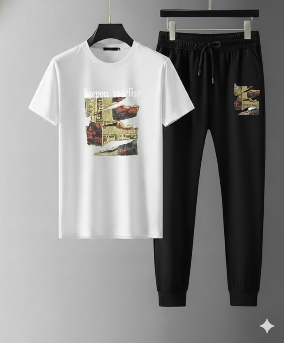 Men's Screen Print T-Shirt and Trouser Set in Mesh Jersey, 6 Colours
