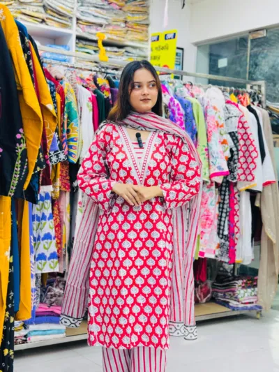মেয়েদের স্ক্রিন প্রিন্ট থ্রি-পিস, AC কটন কামিজ