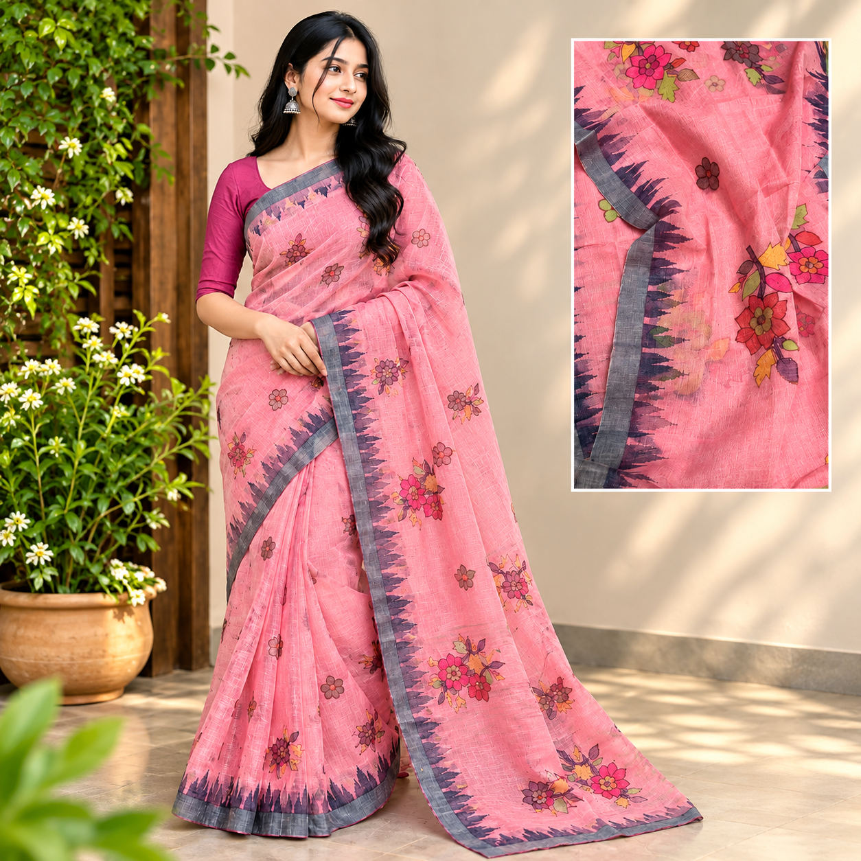 Prim Pink Cotton Floral Print Manipuri Handloom Saree