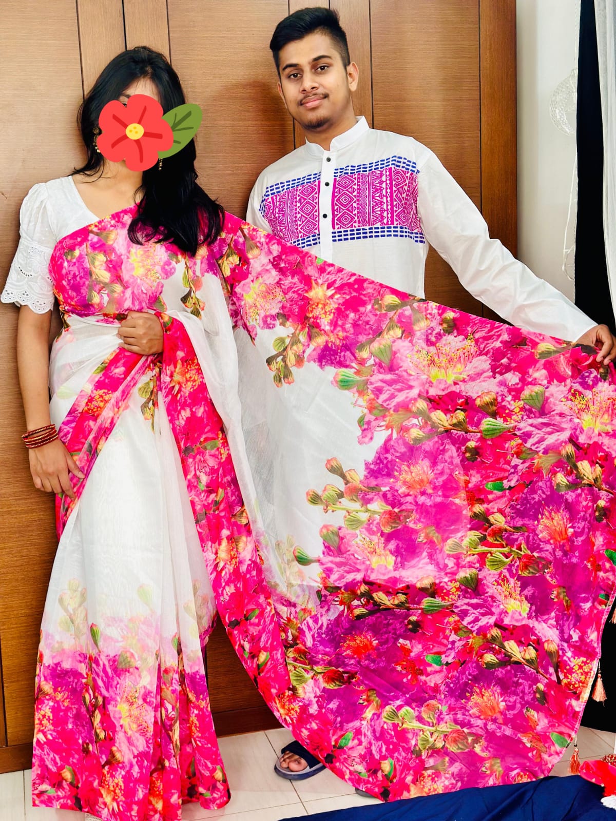 Couple Set, Chanderi Silk Saree and Dhupian Silk Panjabi, Hand Print