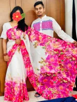 Couple Set, Chanderi Silk Saree and Dhupian Silk Panjabi, Hand Print
