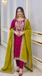 Women's Cotton Three Piece with Embroidery and Sequins, S to XXL