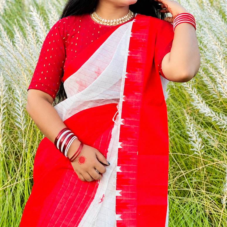Traditional Red and White Cotton Handloom Saree (for Durga Puja)