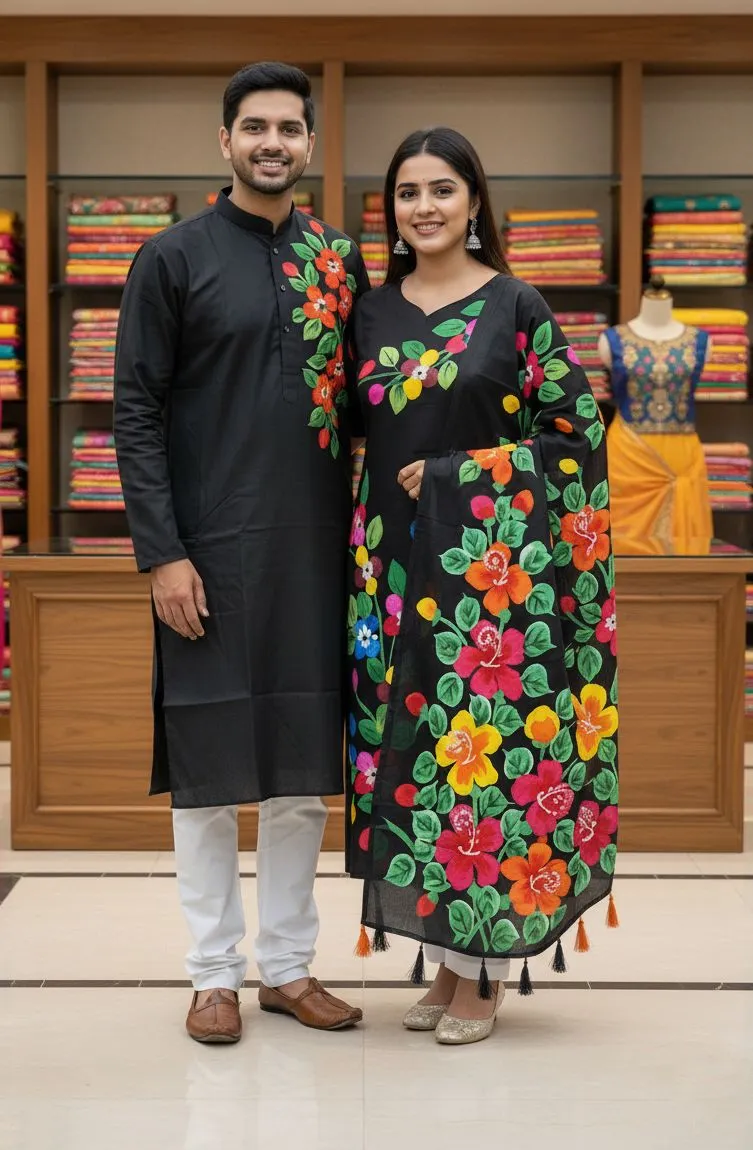 Block Print Three Piece and Dhupian Silk Panjabi Matching Set