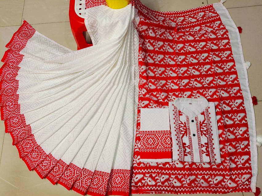 Resham Silk Screen Print Saree and Panjabi Couple Set with Blouse