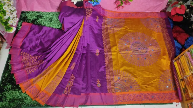 Dhupian Silk Embroidery Saree with Block Print in 6 Colours