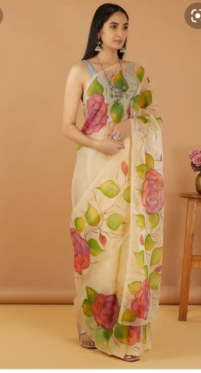 Half Silk Hand Print Saree with Brush Work, 12 Haath