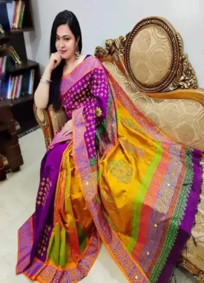 Modern Design Dhupian Silk Saree, Block Print and Embroidery