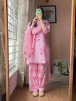Women's Floral Screen Print Cotton Three Piece with Chiffon Orna