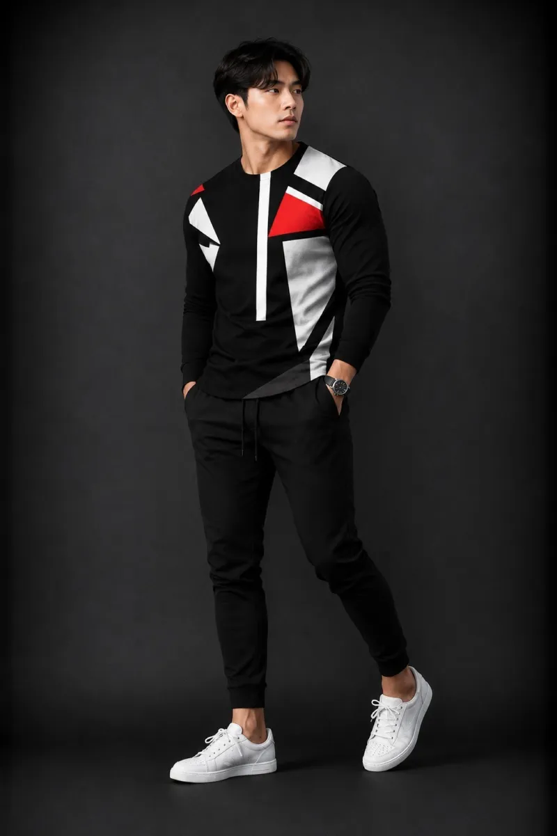 Men's Full Sleeve Mesh T-Shirt and Polyester Trouser Set, 160 GSM
