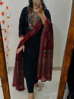 Women's Slub Cotton Three Piece with Heavy Chest Embroidery