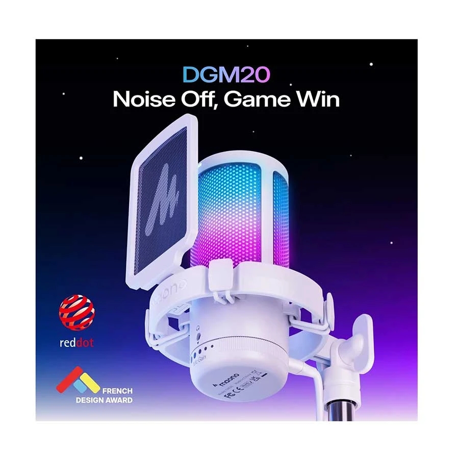 Maono DGM20S RGB White Condenser Gaming Microphone with Boom Arm