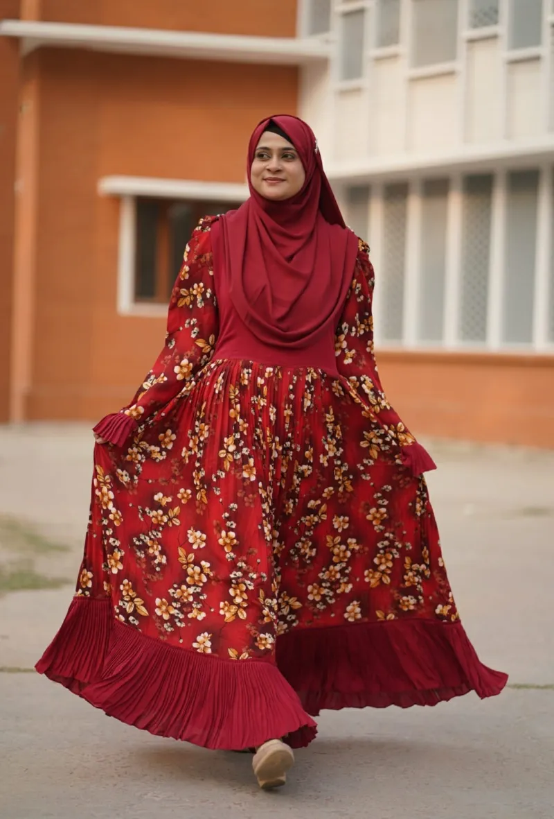 Mousumi Two-Pleat Borka, Brown with Brown Print Combination