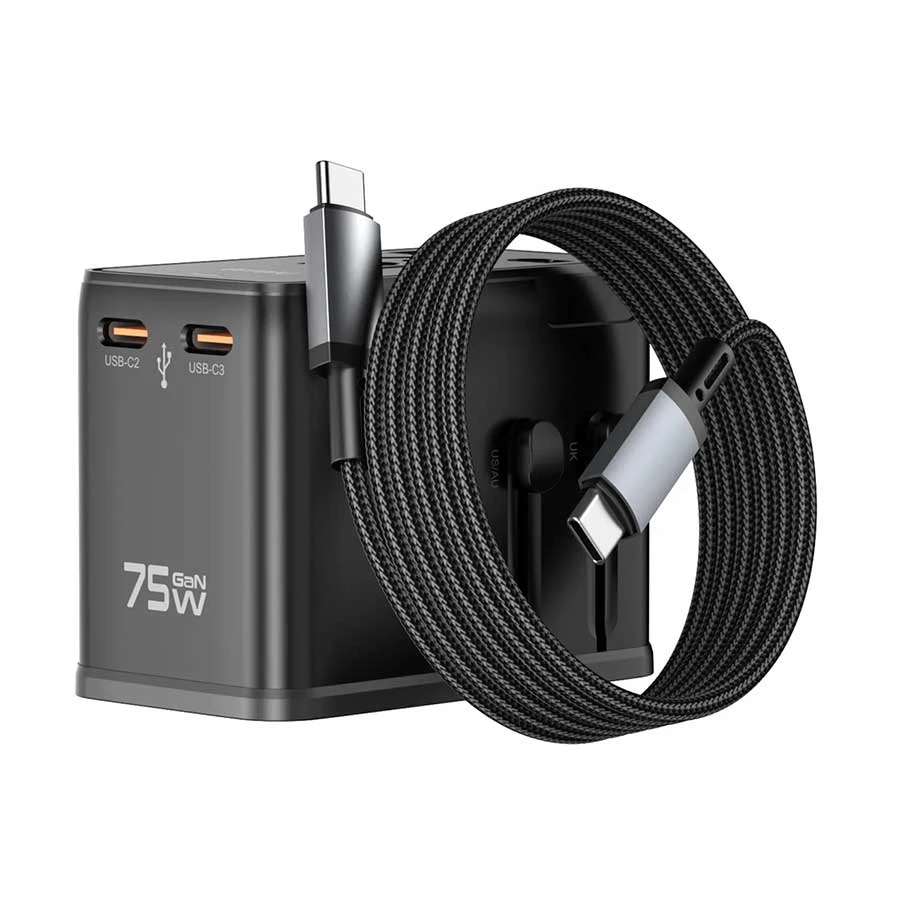WiWU Universal Plug 75W GaN Travel Charger with AC Outlet, Black