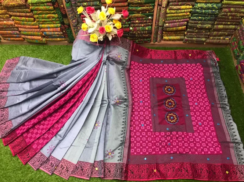 Block Print and Embroidery Dhupian Silk Saree for Women