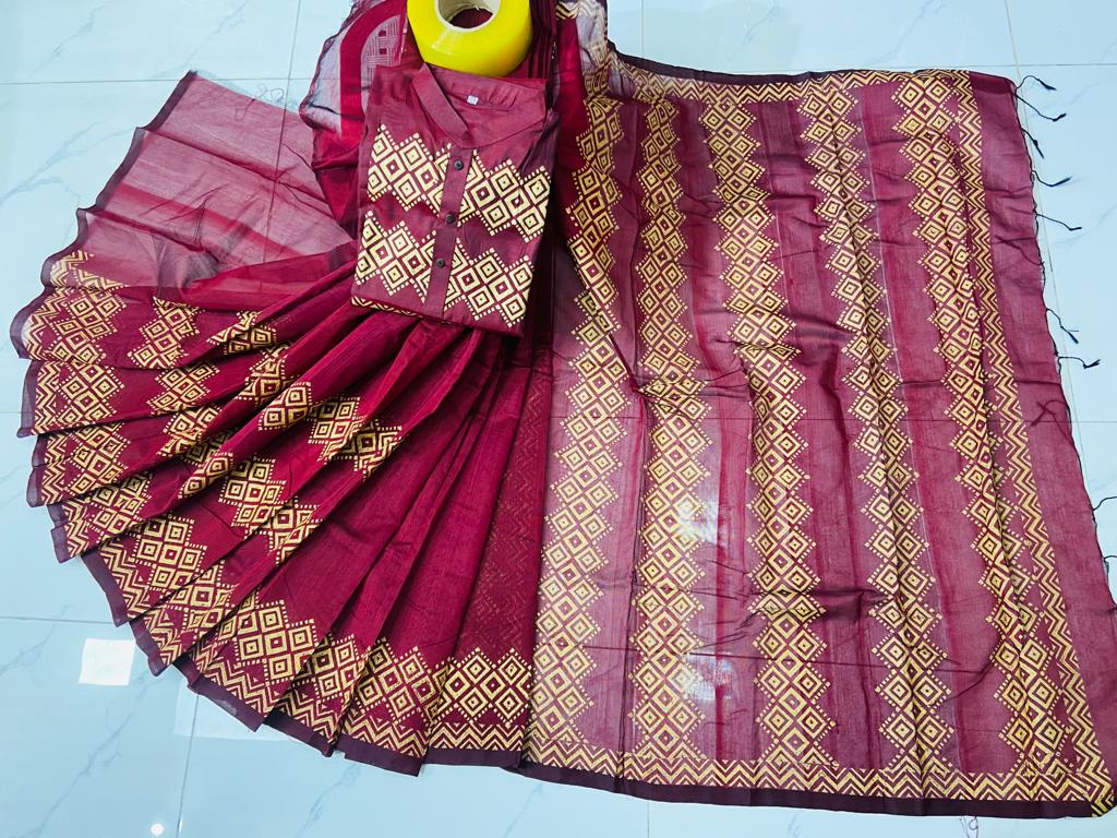 Dhupian Silk Block Print Saree and Panjabi Set for Couples