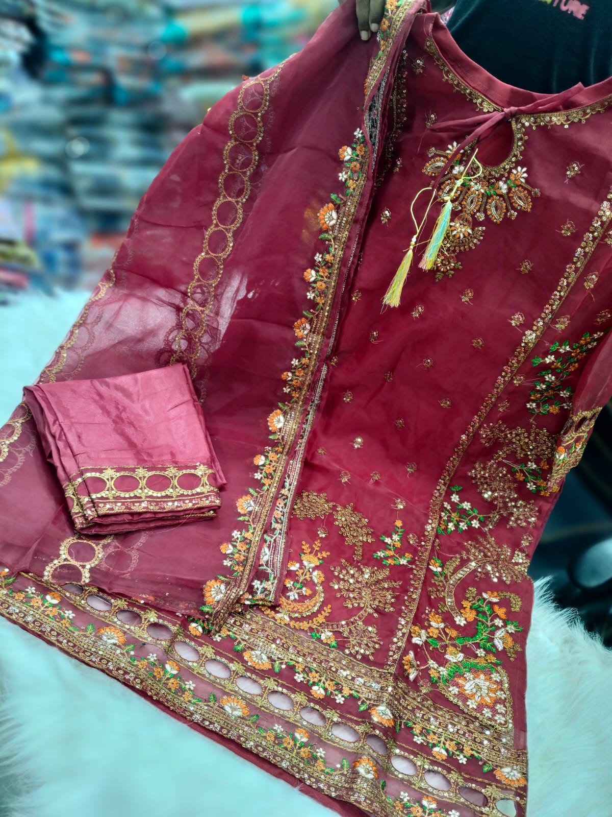 4-Piece Sequin Embroidery Set with Sada Bahar Tissue Orna